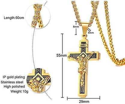 Rockyu ネックレス メンズ 十字架 ゴールド イエス クロスペンダント ステンレス製 宗教モチーフ