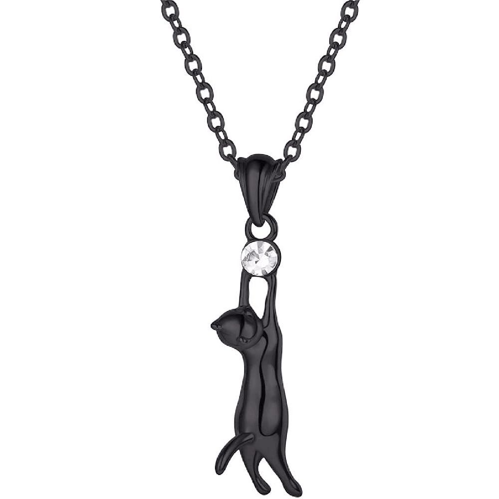 Rockyu ネックレス レディース 猫モチーフ ジルコニア付き ブラック＆シルバー ペンダント
