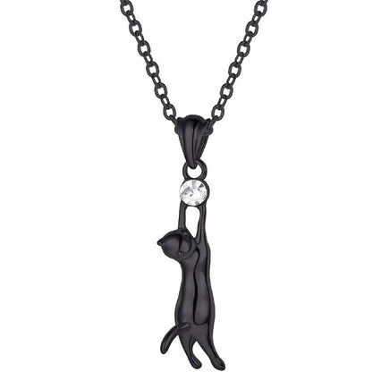 Rockyu ネックレス レディース 猫モチーフ ジルコニア付き ブラック＆シルバー ペンダント