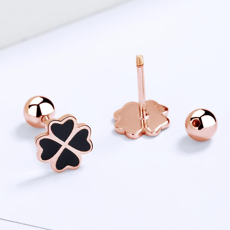 Rockyu ピアス レディース シルバー925 四つ葉のクローバー 黒エナメル 小さめ 両耳用 シルバー/ゴールド/ローズゴールド