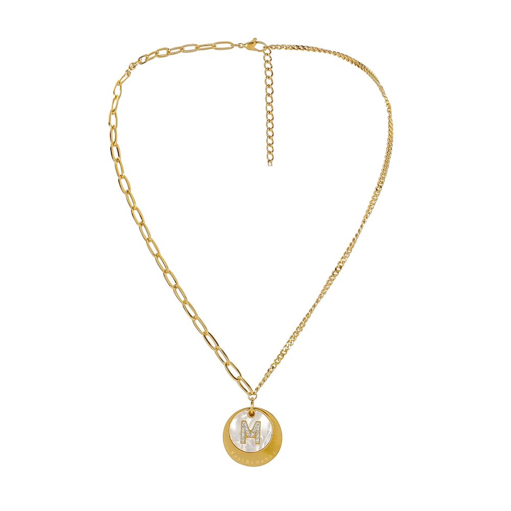 Rockyu レディースコインネックレス ゴールド 貝母風 円形ペンダント Mモチーフ ステンレス製 鎖骨チェーン 記念日 プレゼント