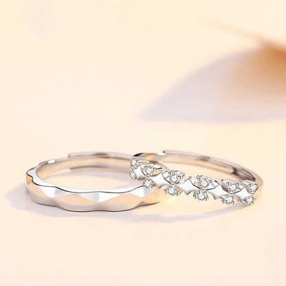 Rockyu ペアリング 2個セット シルバー925 王冠デザイン＆ウェーブデザイン フリーサイズ 調整可能