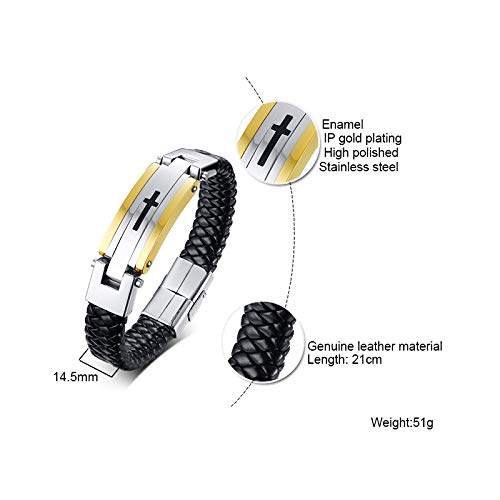 Rockyu ブレスレット メンズ レザー ブラック 十字架 ステンレス 革製バングル シンプル 腕輪