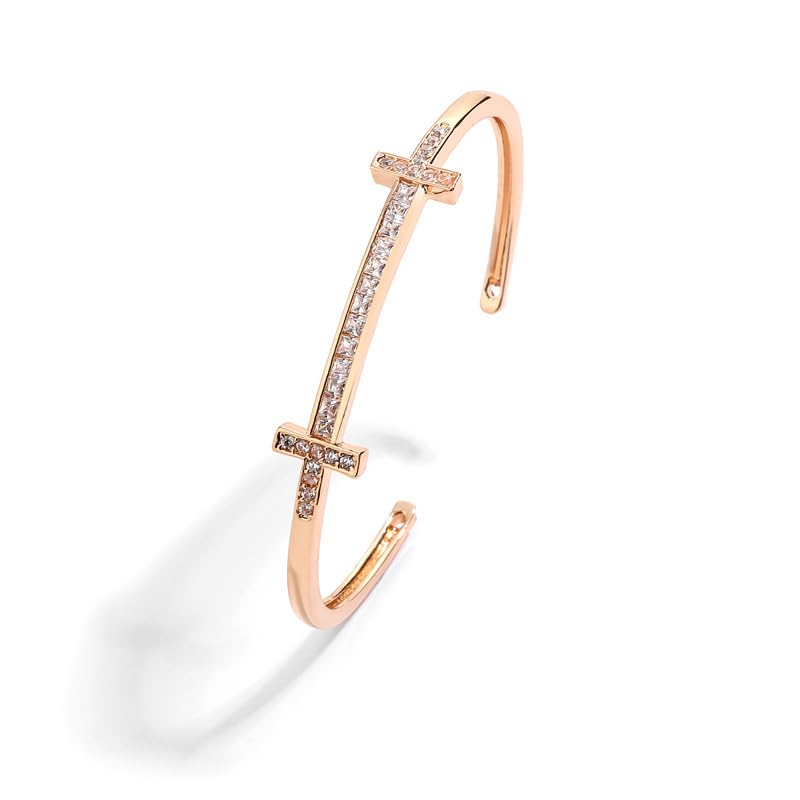 Rockyu レディース クロスラインバングル キュービック付き 18K仕上 ステンレス