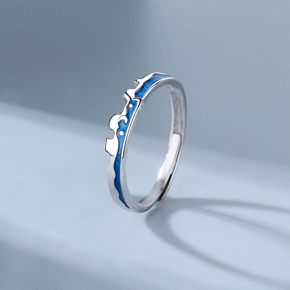 Rockyu ペアリング シルバー925 フリーサイズ 青波デザイン カップル指輪