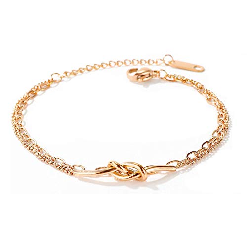 Rockyu ブレスレット レディース 18Kピンクゴールド 結び目モチーフ 2連チェーン