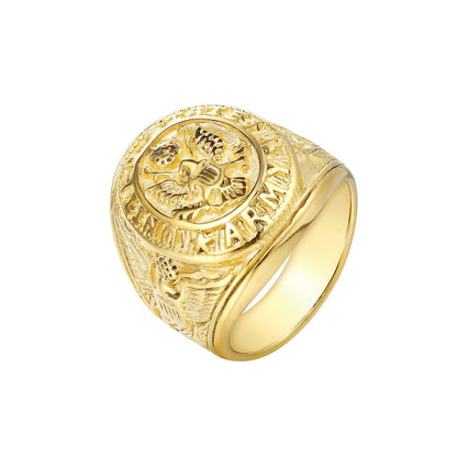 Rockyu メンズ チタン風ステンレスリング イーグル記章デザイン 重厚ゴールドリング