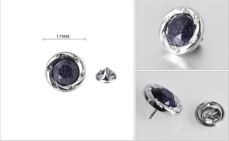 Rockyu ブローチ メンズ ブルーサンドストーン ステンレス ラウンド スーツピン 17mm フォーマル 結婚式 ビジネス