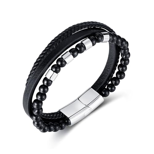 Rockyu メンズ 3連レザーブレスレット ブラック ビーズチェーン 編み込み ステンレス 金属アレルギー対応