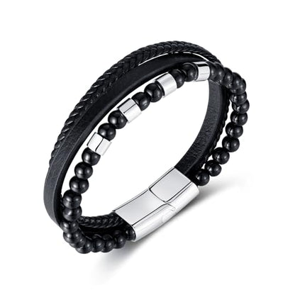 Rockyu メンズ 3連レザーブレスレット ブラック ビーズチェーン 編み込み ステンレス 金属アレルギー対応