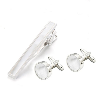 Rockyu 白蝶貝タイピン＆カフスセット｜ラウンドデザイン×ビジネス＆フォーマル対応