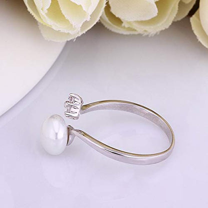 Rockyu パールリング レディース フリーサイズ プラチナカラー 真珠＆ジルコン装飾