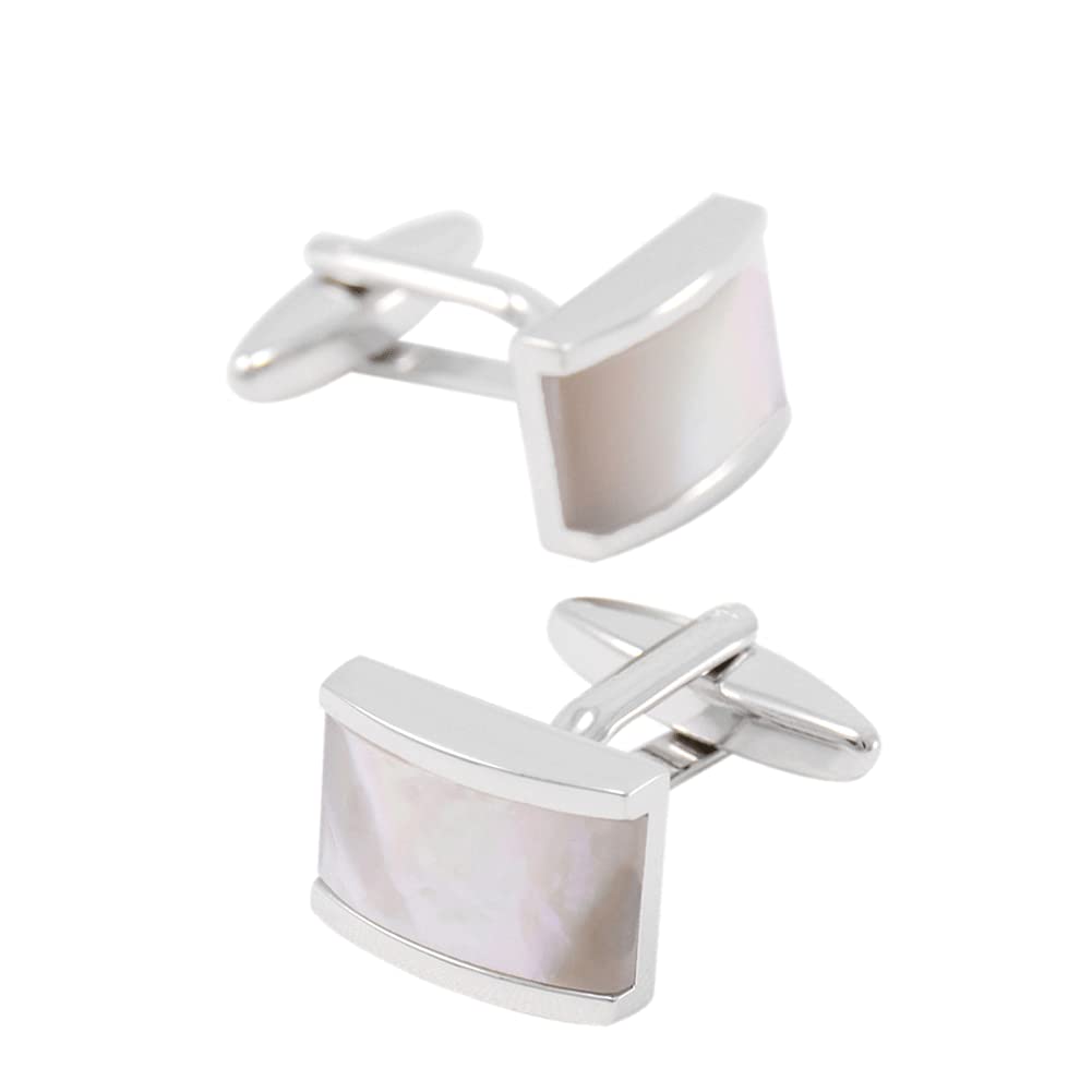 Rockyu カフス メンズ 白蝶貝 シルバー 長方形 貝殻カフリンクス ビジネス