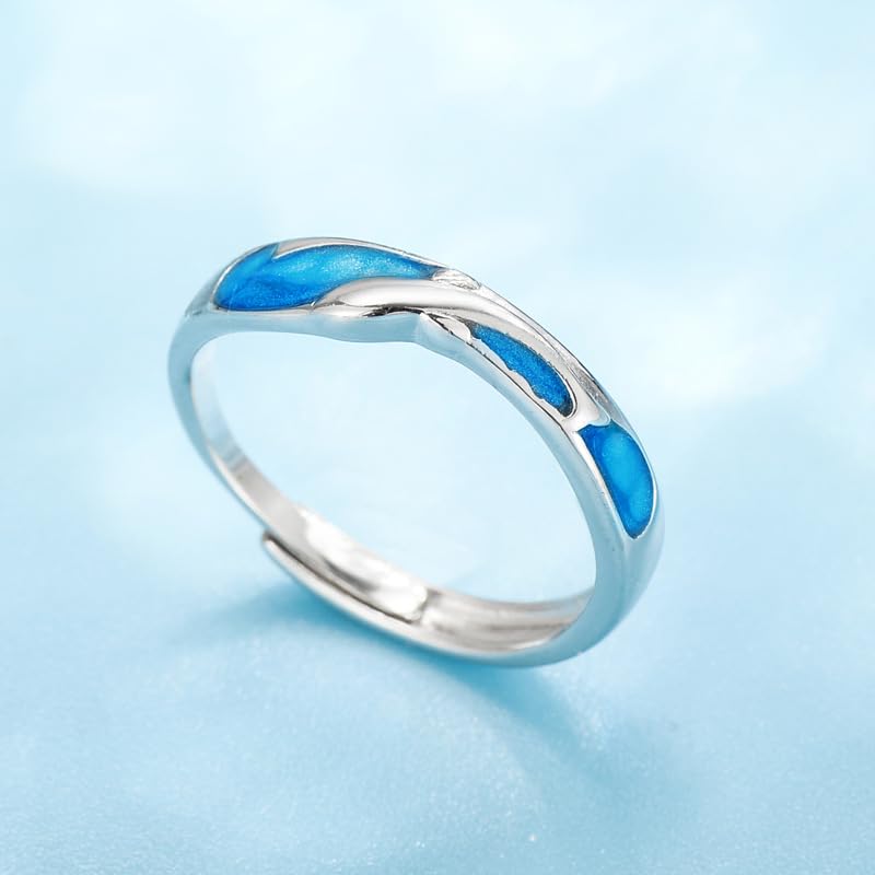 Rockyu ペアリング シルバー925 海豚モチーフ ブルーエナメル 永遠の愛