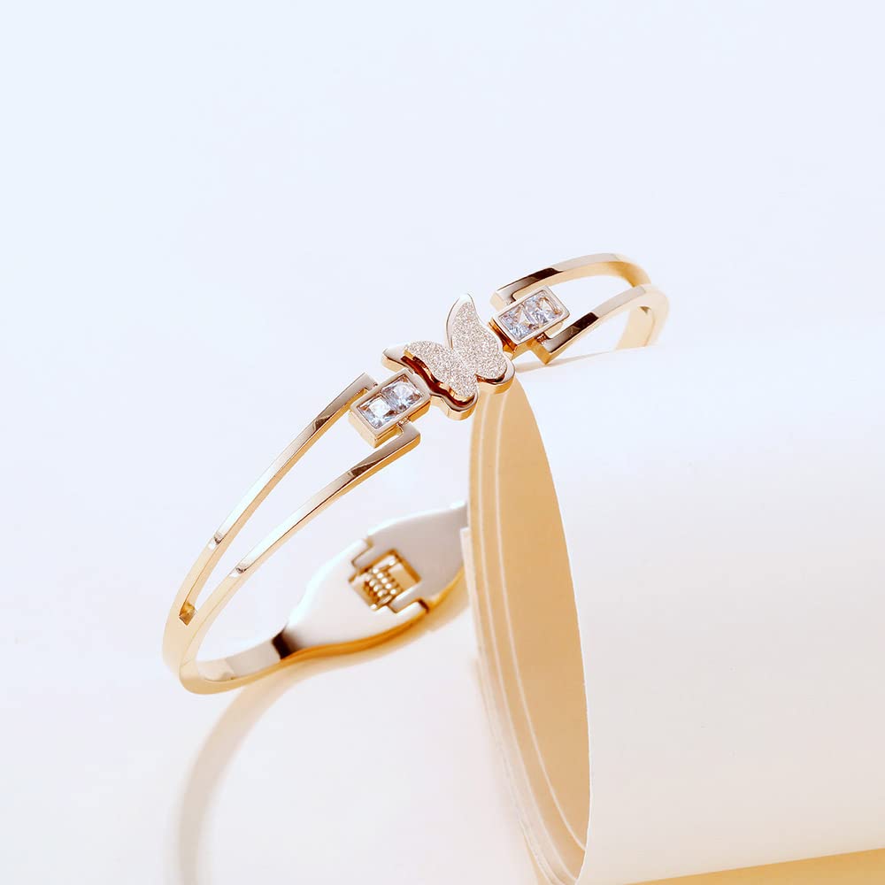 Rockyu レディース ブレスレット バタフライ バングル ピンクゴールド ジルコニア 金属アレルギー対応