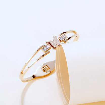 Rockyu レディース ブレスレット バタフライ バングル ピンクゴールド ジルコニア 金属アレルギー対応