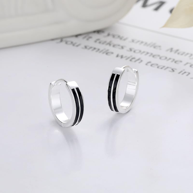 Rockyu シルバー925 ダブルブラックライン フープピアス シンプルモダン 男女兼用