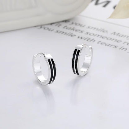 Rockyu シルバー925 ダブルブラックライン フープピアス シンプルモダン 男女兼用