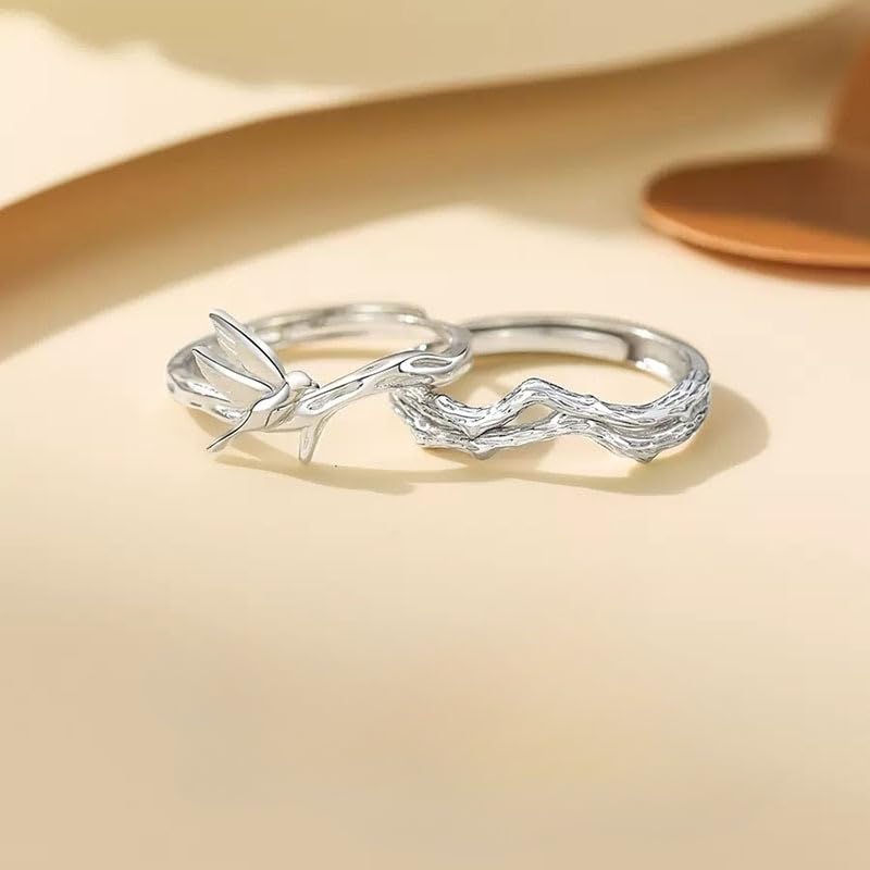 Rockyu ペアリング 二羽の鳥が結ぶ愛のかたち シルバー925 フリーサイズ カップルセット