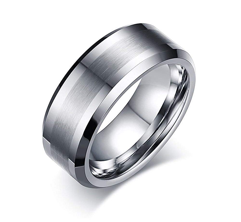 Rockyu メンズ タングステンリング 8mm 平打ち・艶消しデザイン シルバー＆ブラック