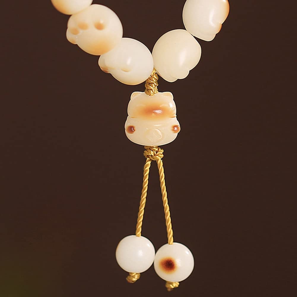 Rockyu レディース 猫肉球ブレスレット 白玉菩提×炭焼き風 数珠デザイン お守りアクセサリー