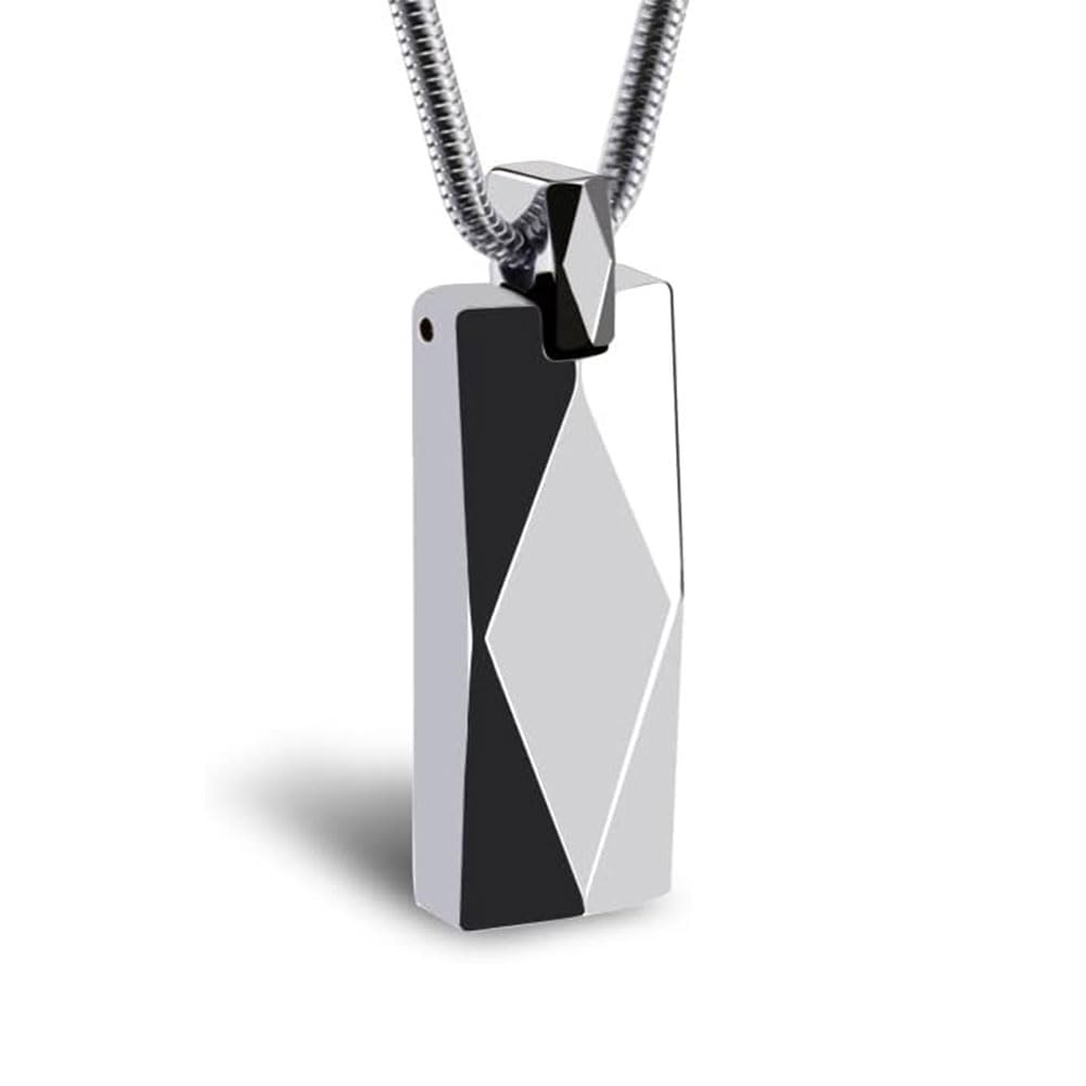 Rockyu タングステンネックレス メンズ レディース 多面カット長方形ペンダント ステンレス蛇チェーン付き 黒・銀・青 モダン幾何デザイン