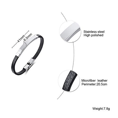 Rockyu ブレスレット メンズ 本革 プレートデザイン ステンレス製 金属アレルギー対応 レザーバングル