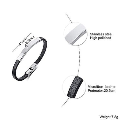 Rockyu ブレスレット メンズ 本革 プレートデザイン ステンレス製 金属アレルギー対応 レザーバングル