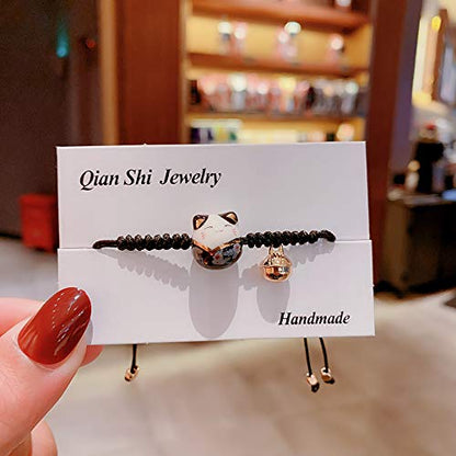 Rockyu ブレスレット レディース 招き猫 陶磁器 鈴付き 編み込み 紐タイプ 幸運お守り