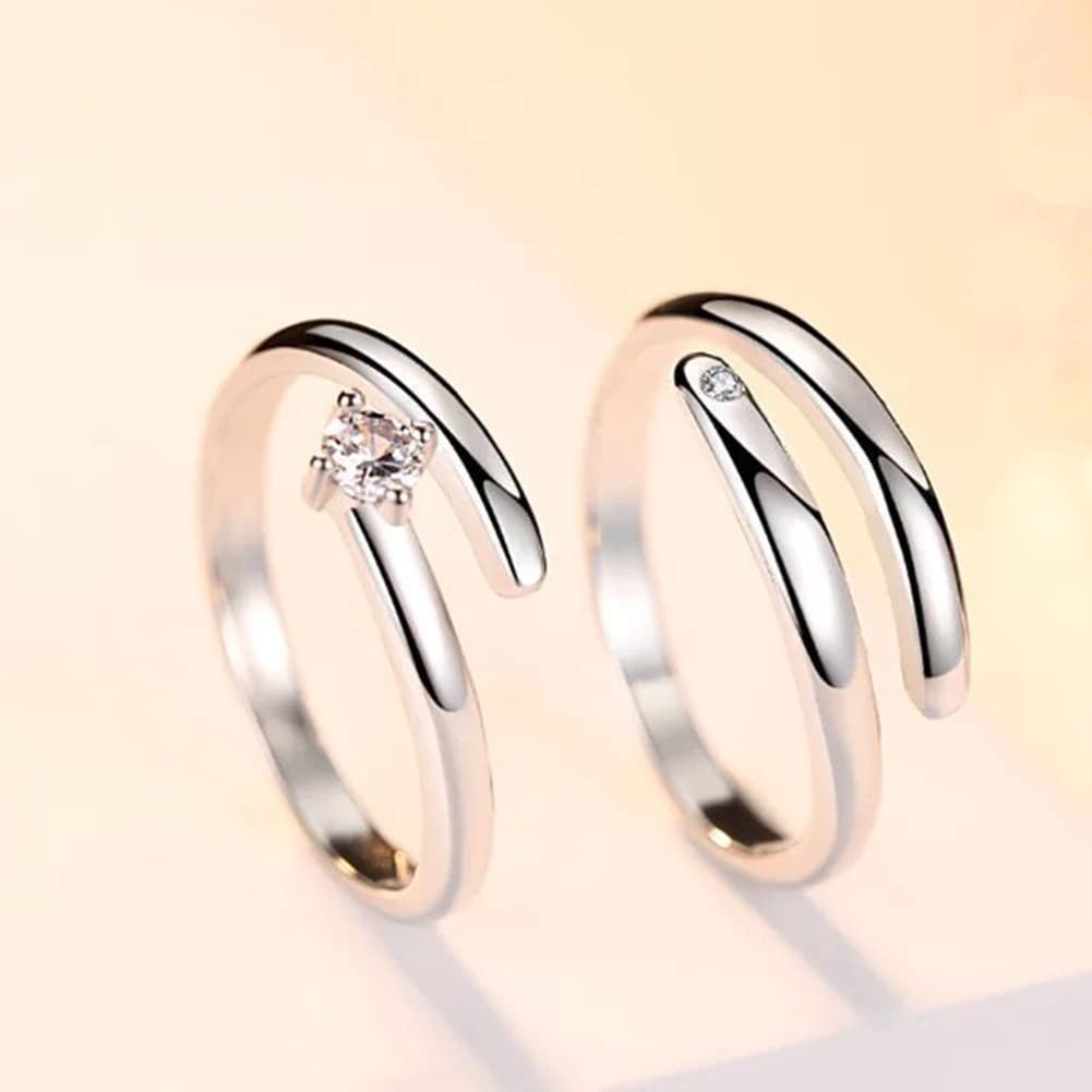 Rockyu ペアリング シルバー フリーサイズ ジルコニア オープンリング 2個セット カップル指輪 記念日・バレンタインギフト