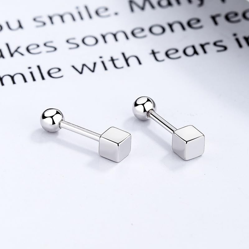 Rockyu シルバー925 キューブスクエア スタッドピアス スクリューバック