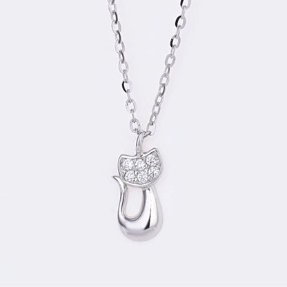 Rockyu ネックレス レディース シルバー925 猫ペンダント ジルコニア 鎖骨チェーン アレルギー対応