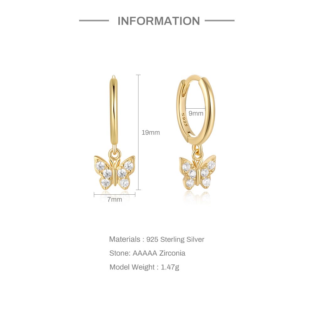 Rockyu ピアス レディース 蝶モチーフ フープ シルバー925 18金仕上げ ジルコニア 揺れる 小さめ 両耳用 プレゼント