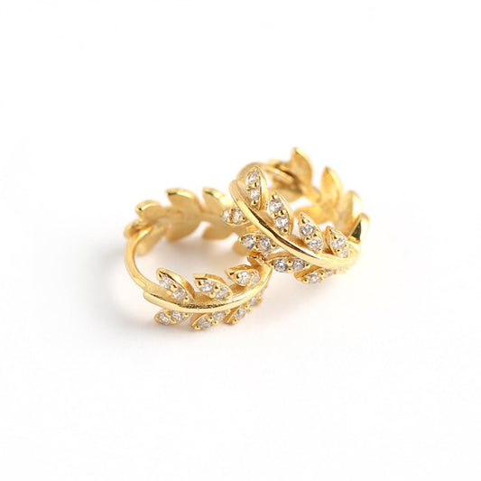 Rockyu ピアス レディース オリーブリーフデザイン フープピアス 18金仕上げ シルバー925 キュービックジルコニア