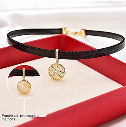 Rockyu レディース チョーカー 黒 レザー 星モチーフ ジルコニア ネックレス