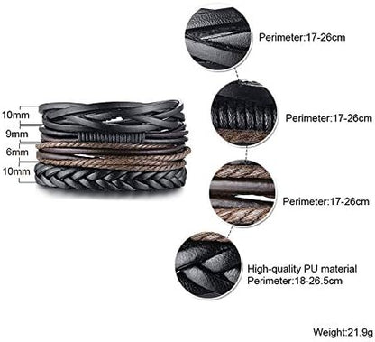 Rockyu ブレスレット メンズ 4点セット ブラック PUレザー 多層編み込み おしゃれ腕輪