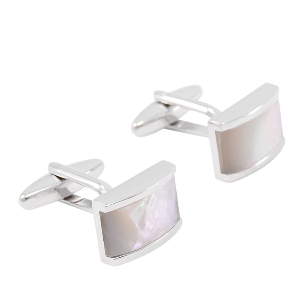 Rockyu カフス メンズ 白蝶貝 シルバー 長方形 貝殻カフリンクス ビジネス