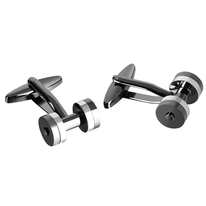 Rockyu カフスボタン メンズ 銀色×銃黒色 ステンレス ダンベル型 スポーツ風 ビジネス フォーマル 結婚式 パーティー用