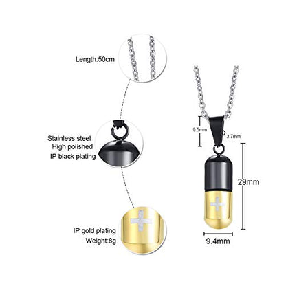 Rockyu カプセル型ネックレス 十字架刻印 ステンレス製 男女兼用 チタンカラーアクセサリー