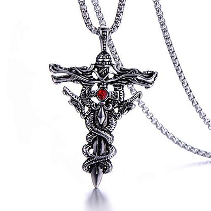 Rockyu 双竜クロスペンダント メンズネックレス｜ルビー装飾＆18Kメッキ仕様