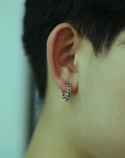 Rockyu 喜平チェーンフープピアス メンズ｜シルバー×中折れ式・金属アレルギー対応