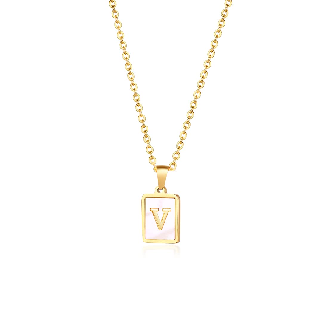 Rockyu ネックレス レディース ゴールド ホワイト イニシャルスクエアペンダント あずきチェーン ステンレス製 ギフトや記念日に