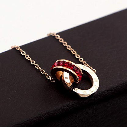 Rockyu 2連リングネックレス レディース チタン製 ピンクゴールド CZストーン 金属アレルギー対応