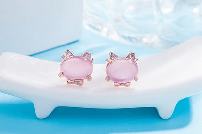 Rockyu レディース ピアス 猫耳 キャッツアイ シルバー925 18金仕上げ 小さい スタッド 可愛い