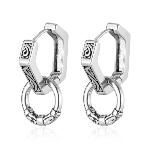 Rockyu ピアス メンズ ステンレス 六角形デザイン 彫刻入り 二重リング シルバー アレルギー対応