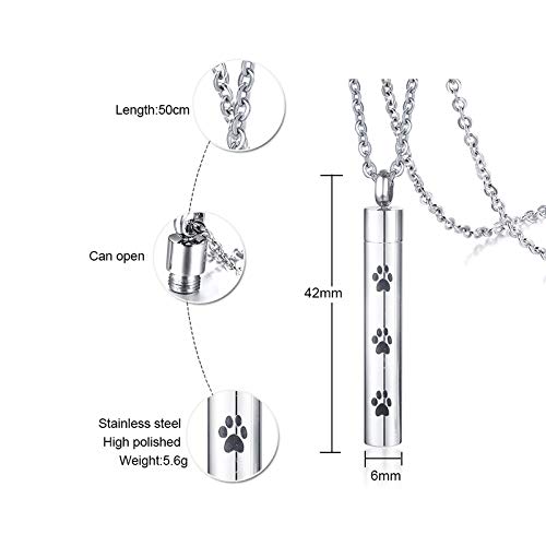 Rockyu メモリアルネックレス ペット 足あと刻印 円柱型 遺骨ペンダント ステンレス製 シルバー 50cmチェーン付き