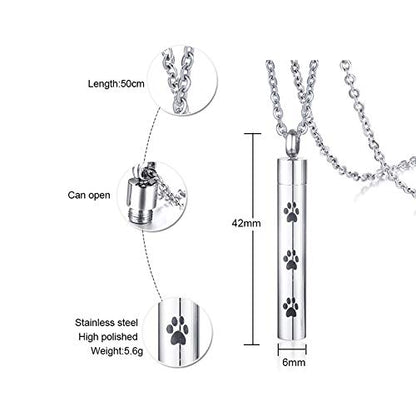Rockyu メモリアルネックレス ペット 足あと刻印 円柱型 遺骨ペンダント ステンレス製 シルバー 50cmチェーン付き