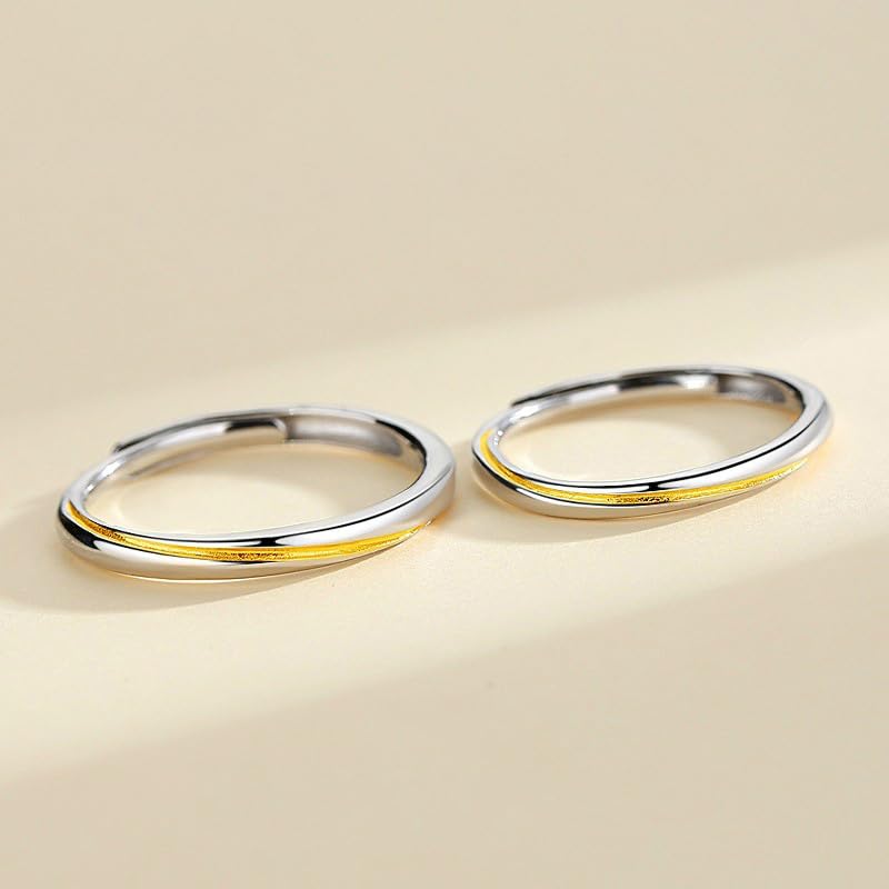 Rockyu ペアリング 2個セット S925 純銀製 指輪｜フリーサイズ 調整可能 ゴールド×シルバー