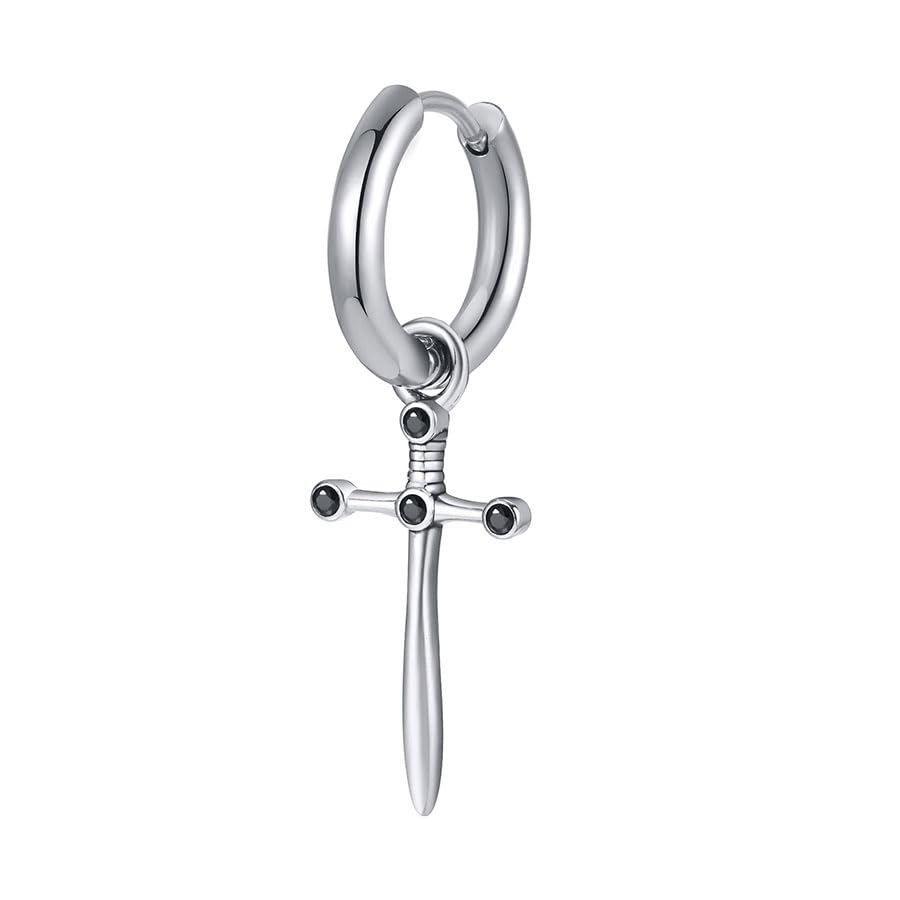 Rockyu ピアス メンズ ステンレス フープ クロス＆モチーフ シルバー ブラックジルコニア ヴィンテージ風