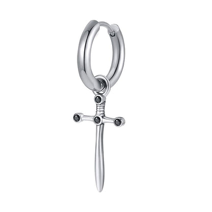 Rockyu ピアス メンズ ステンレス フープ クロス＆モチーフ シルバー ブラックジルコニア ヴィンテージ風